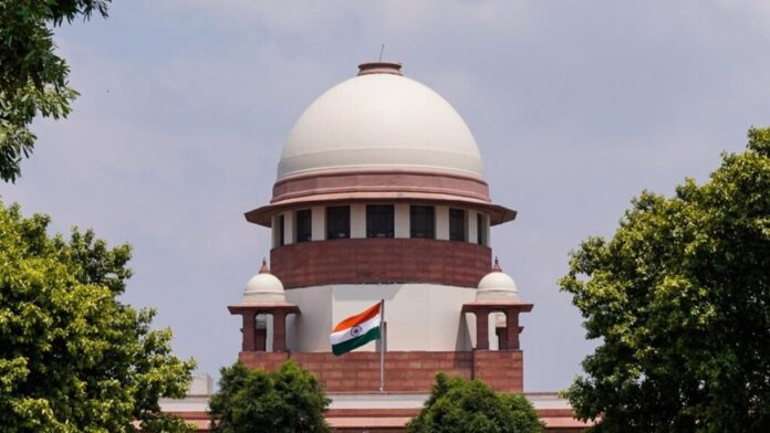 Supreme Court of India building with an image of protest